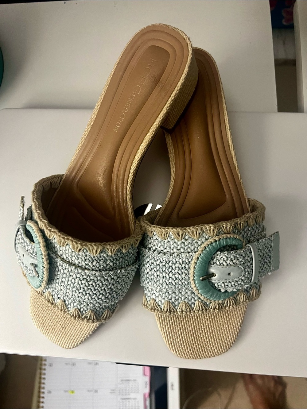 BCBGeneration Light Blue Woven Slide Mules with Buckle